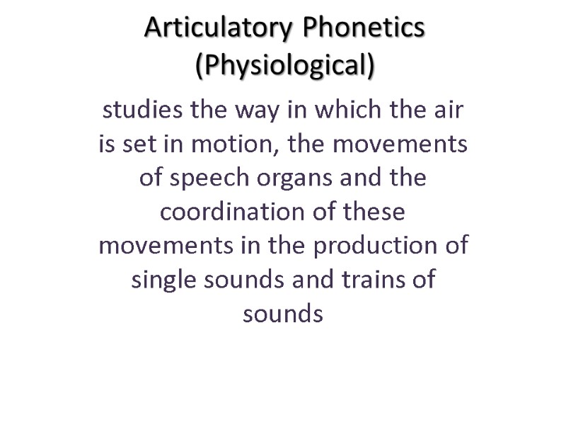 Articulatory Phonetics  (Physiological)  studies the way in which the air is set